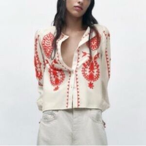 Zara White Blouse with Red Embroidery
